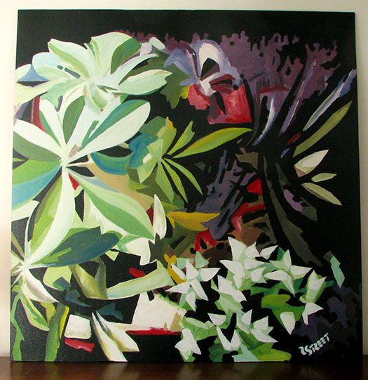 Acrylic painting of colrful plants on black background