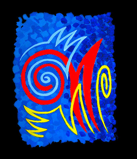 Modern abstract painting by Randall Street in blues, red and yellow