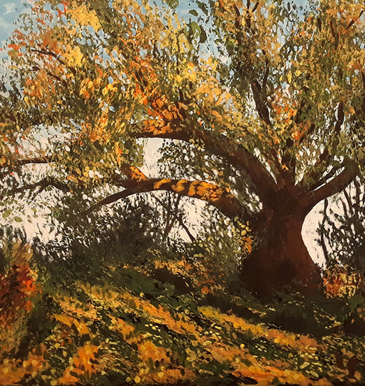 abstract acrylic painting of tree on the hill in fall