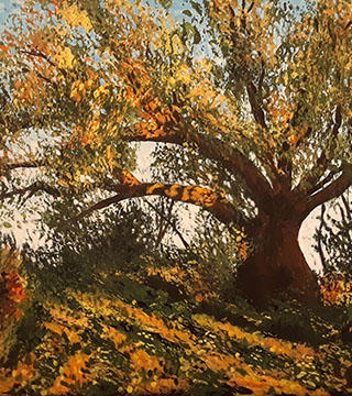 abstract acrylic painting of tree on the hill in fall