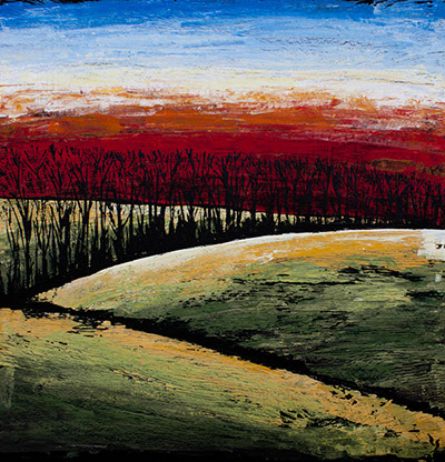 modern acrylic painting of sky and hills in olive greens and red and blue