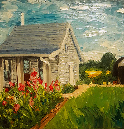 Modern oil painting on canvas of small cabin