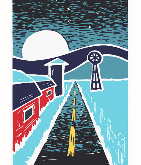 printmaking art of farm and rising moon and big dipper stars in blue and turquois.