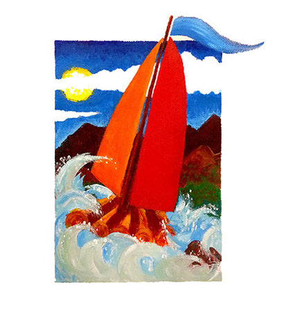 wooden raft with big red sails going down the river