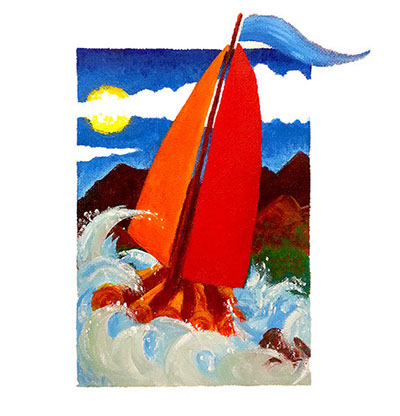 wooden raft with big red sails going down the river